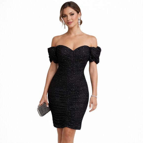 Eliza J Dresses & Skirts - NWT Eliza J Black Silver Glitter Ruched Off Shoulder Cocktail Dress Sz 6